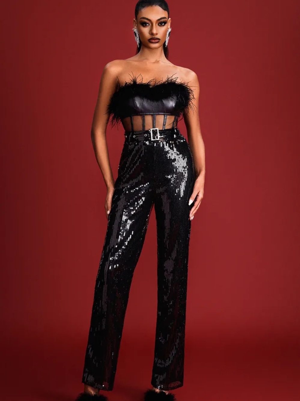 Bella Barnett Belted Sequin Jumpsuit with Fur - Black